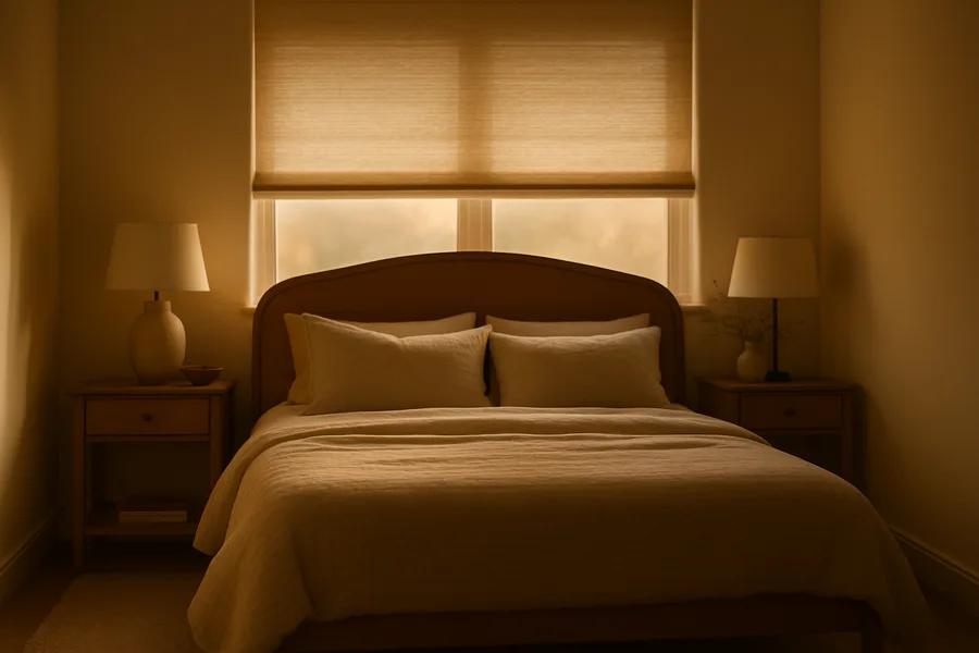 Blackout roller shade creating a calm, quiet bedroom in a North County San Diego home
