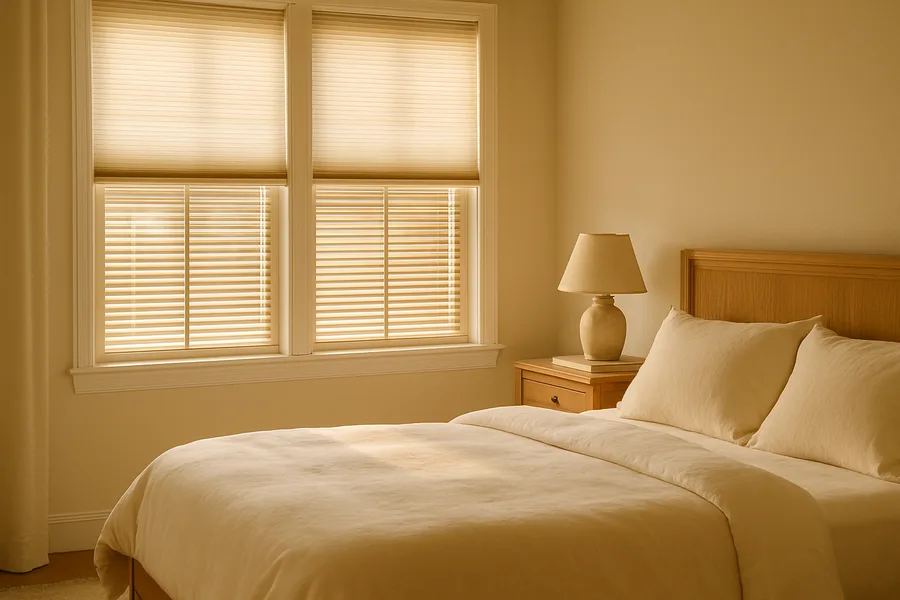 Custom blinds and cellular shades in a bedroom
