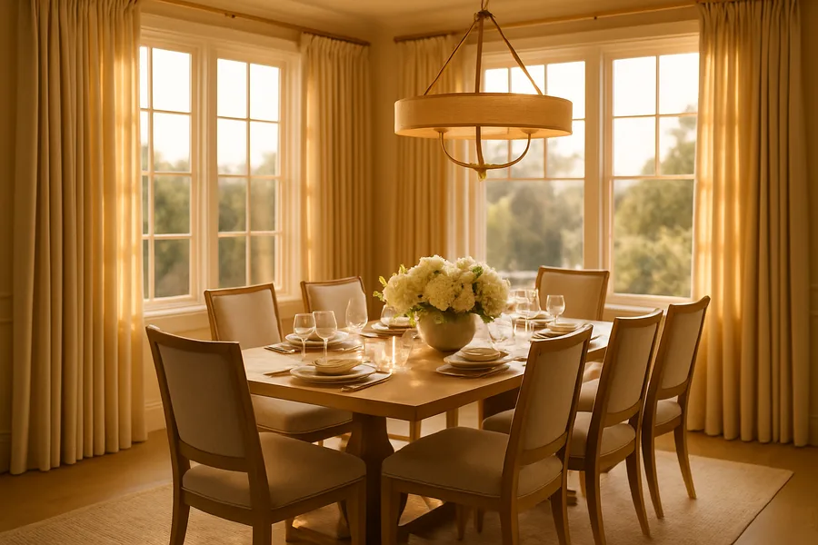 Full length custom drapes framing a dining room window