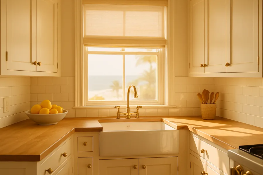 Coastal kitchen with a light-filtering roller shade over the sink window