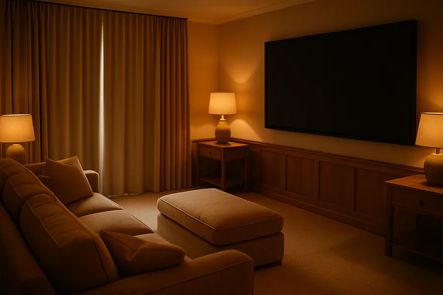 Blackout shades darkening a media room in North County San Diego