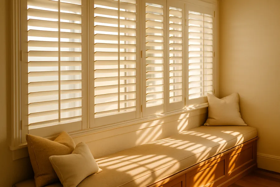 White wood plantation shutters on North County San Diego home windows