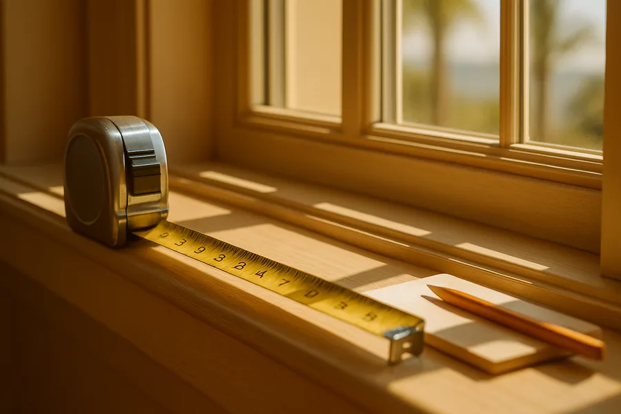 Tape measure along a sunlit window frame during a free in-home consultation in Carlsbad